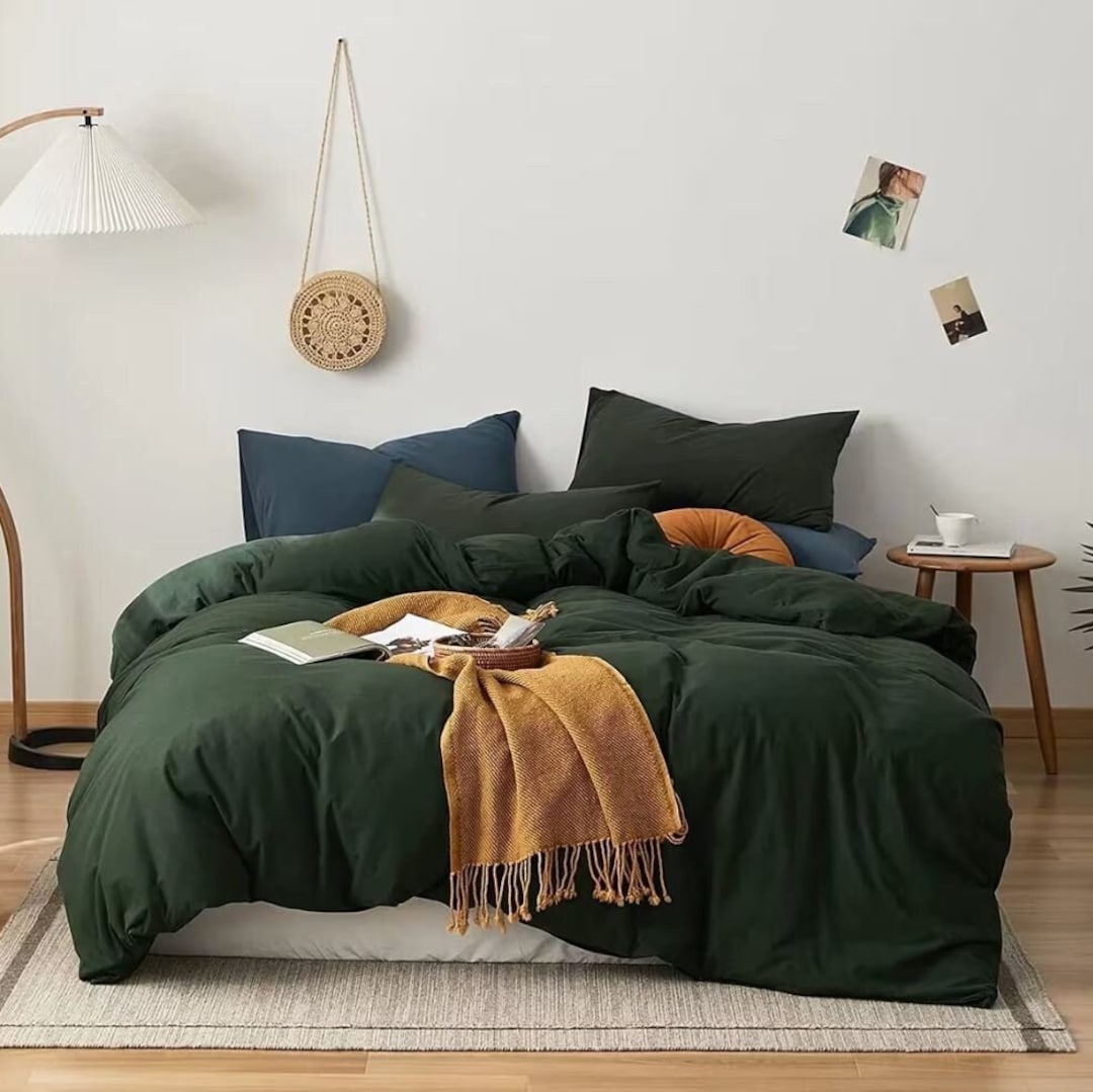 Forest Green Cotton Duvet Cover 3 Pieces Set Washed Cotton Duvet Cover