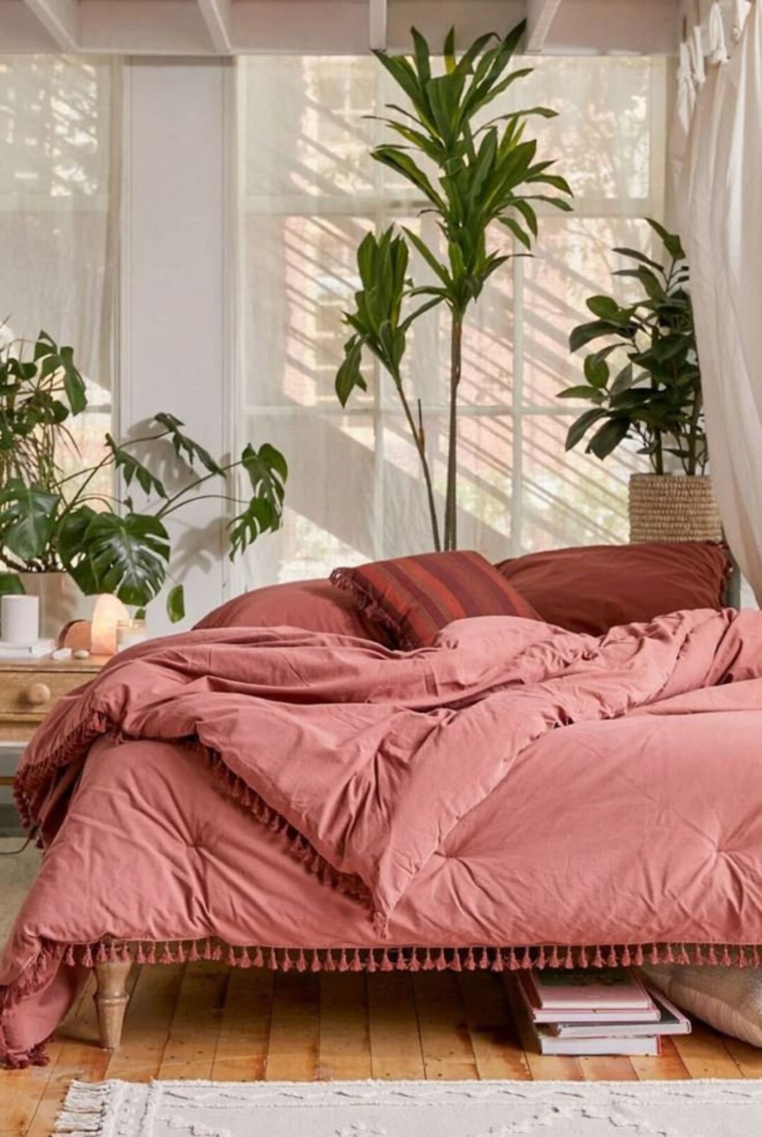 Pale Red Color Cotton Duvet Cover Set, Pale Red Duvet Cover, Fringes