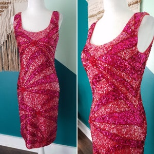 RARE Haute Couture 1950s/1960s Vintage Gene Shelly's Boutique Internationale Glam Red and Pink Wool Sequined Mod Cocktail Dress