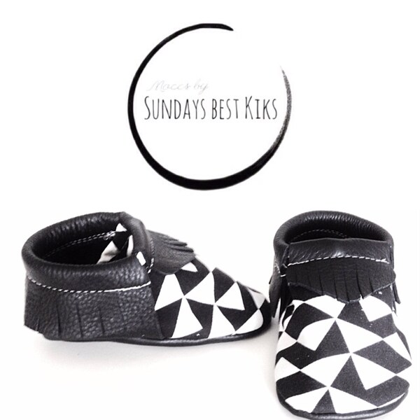 Handcrafted toddler/baby moccasins, genuine black Milano leather with geometric fabric overlay