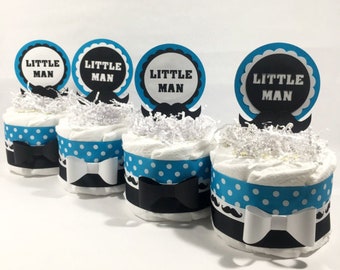 Set of 4 Turquoise & Black Mini Little Man Diaper Cake Centerpieces, Boy Diaper Cake, Baby Shower Centerpiece Set