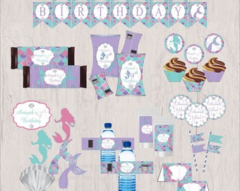 Mermaid Printable Birthday Party Decoration Bundle, Instant Download