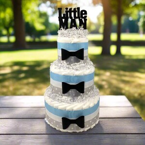 Light Blue Gray Little Man Diaper Cake Centerpiece
