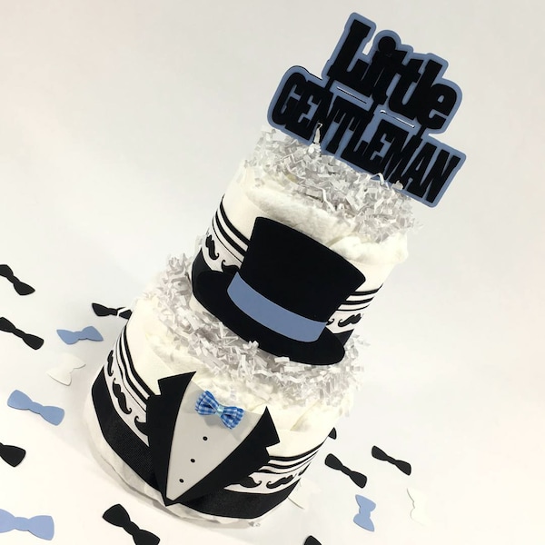 Little Gentleman 2-tier Baby Shower Diaper Cake Centerpiece, Black, White, and Baby Blue, Little Man Decorations