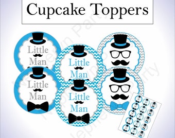 Printable Navy, Gray, and Black Little Man Cupcake Toppers for Baby Shower or Birthday Party