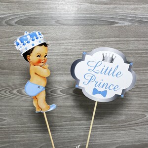 Little Prince Centerpiece Sticks or Cake Toppers with Baby Boy, Baby Shower or Birthday Party Cutouts, Light Blue & Silver