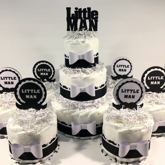 Black White Little Man Diaper Cake Centerpiece Set Baby Shower