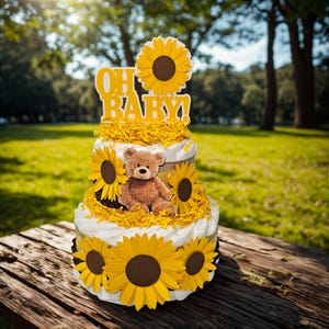 Gender Neutral Diaper Cake Centerpiece with Sunflowers and Teddy Bear