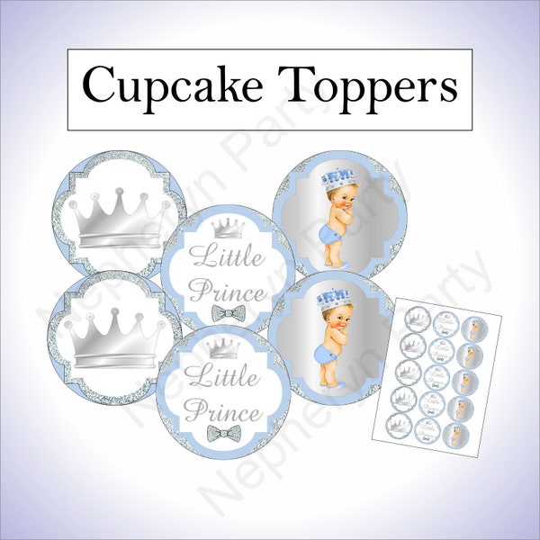 Instant Download, Light Blue and Silver Little Prince Printable Cupcake Toppers, Baby Boy with Blonde Hair