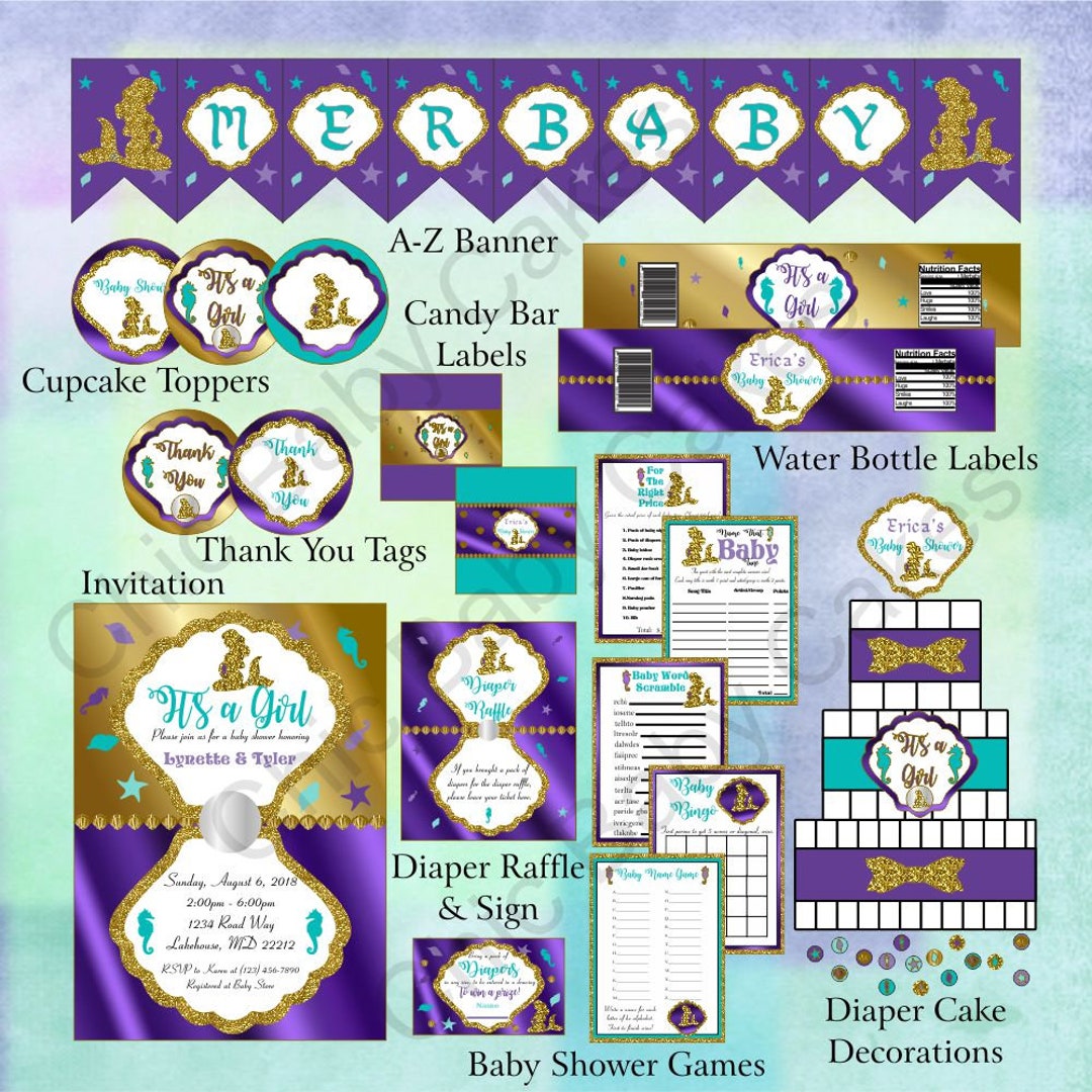 Printable Pregnant Mermaid Baby Shower Decorations Pack, Purple, Aqua ...