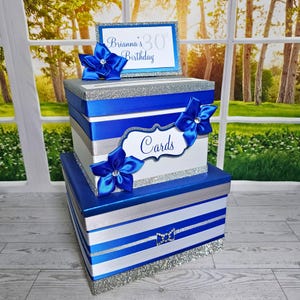 Boîte personnalisable pour cartes de fête d'anniversaire, bleu roi, argent, blanc, pour tout événement