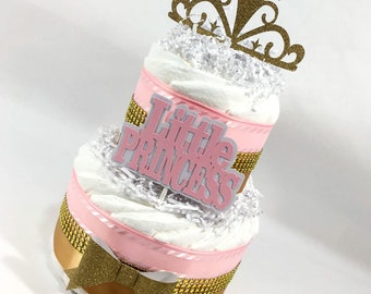 Pink and Gold 2-Tier Little Princess Baby Shower Diaper Cake Centerpiece