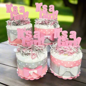 Pink, Gray It&#39;s A Girl 1-Tier Diaper Cake Centerpiece Set, Girl Baby Shower Decorations