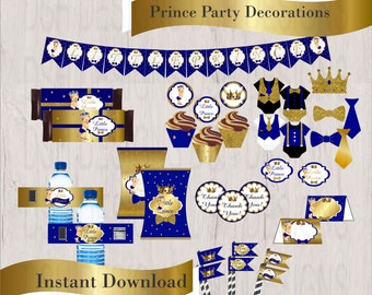 Royal Blue & Gold Little Prince Printable Party Decoration Bundle, Instant Download, Blonde Hair Baby Boy