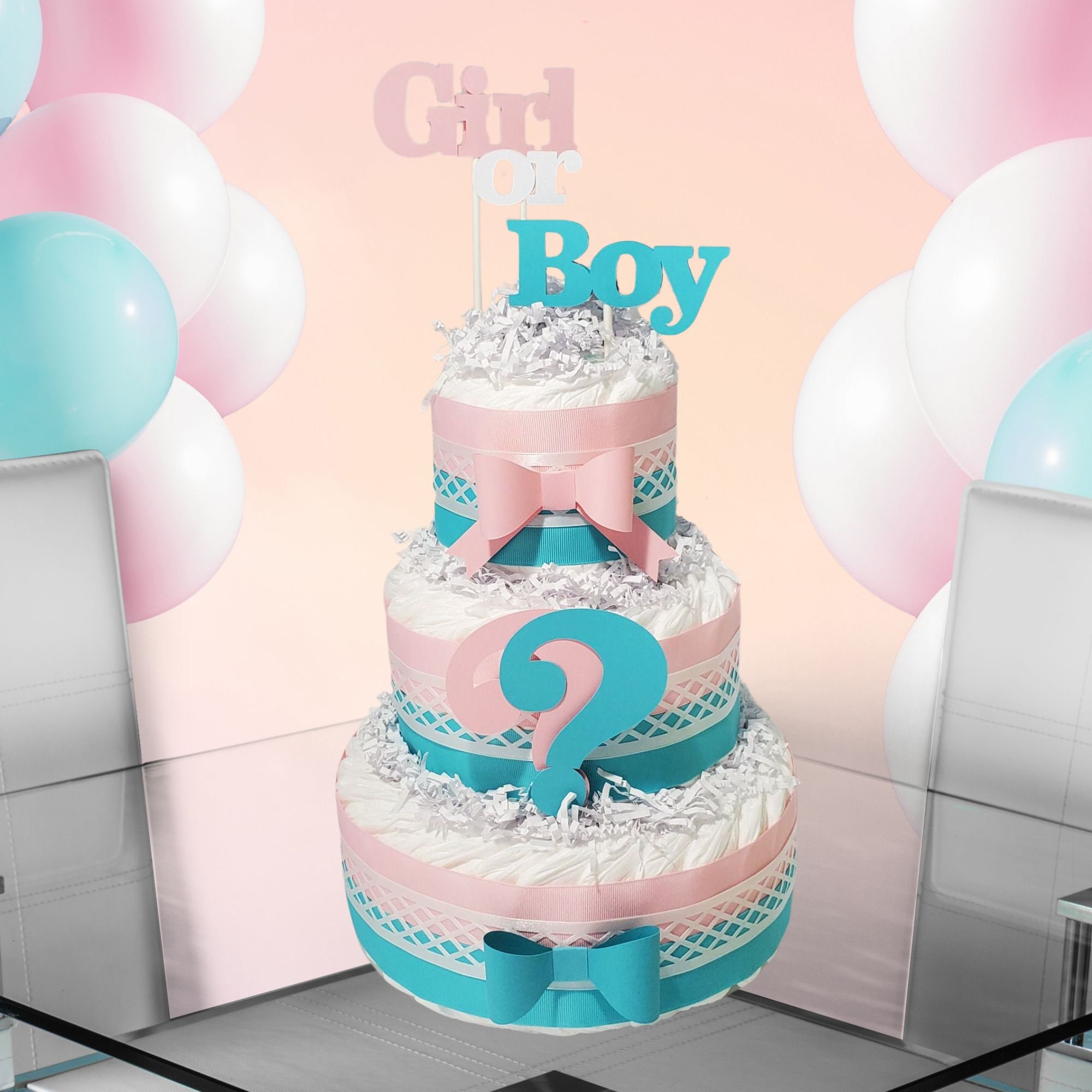 Pink and Blue Gender Reveal Baby Shower 3-Tier Diaper Cake Centerpiece