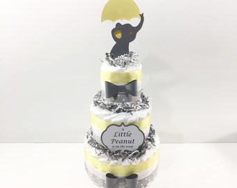 Yellow & Gray Little Peanut 3-Tier Diaper Cake Centerpiece, Gender Neutral Elephant Diaper Cake