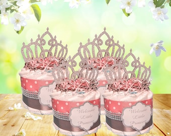 Pink and Silver Welcome Little Princess Mini Diaper Cake Centerpiece Set for Girl Baby Shower