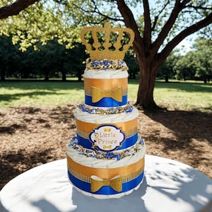 Royal Blue & Gold 3-Tier Little Prince Diaper Cake Centerpiece for a Prince Themed Baby Shower