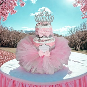 Pink, Silver Princess Tutu Diaper Cake Centerpiece