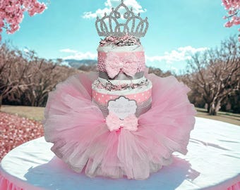 Pink, Silver Princess Tutu Diaper Cake Centerpiece