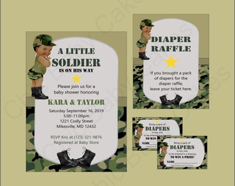 Green Camo Little Soldier Invitation, Diaper Raffle, Raffle Sign