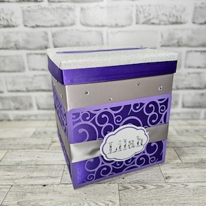 Douce 16e anniversaire, baby shower. ou boîte pour cartes de mariage, lavande et argent, 8 x 8