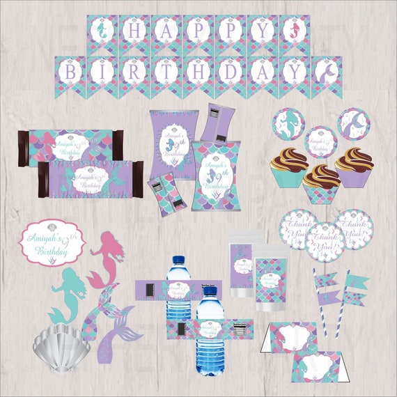 Mermaid Printable Birthday Party Decoration Bundle Instant - Etsy