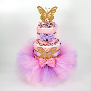 Pink, Lavender, & Gold Butterfly Tutu Diaper Cake Centerpiece