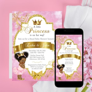 Invitación digital imprimible para baby shower de princesita rosa y dorada