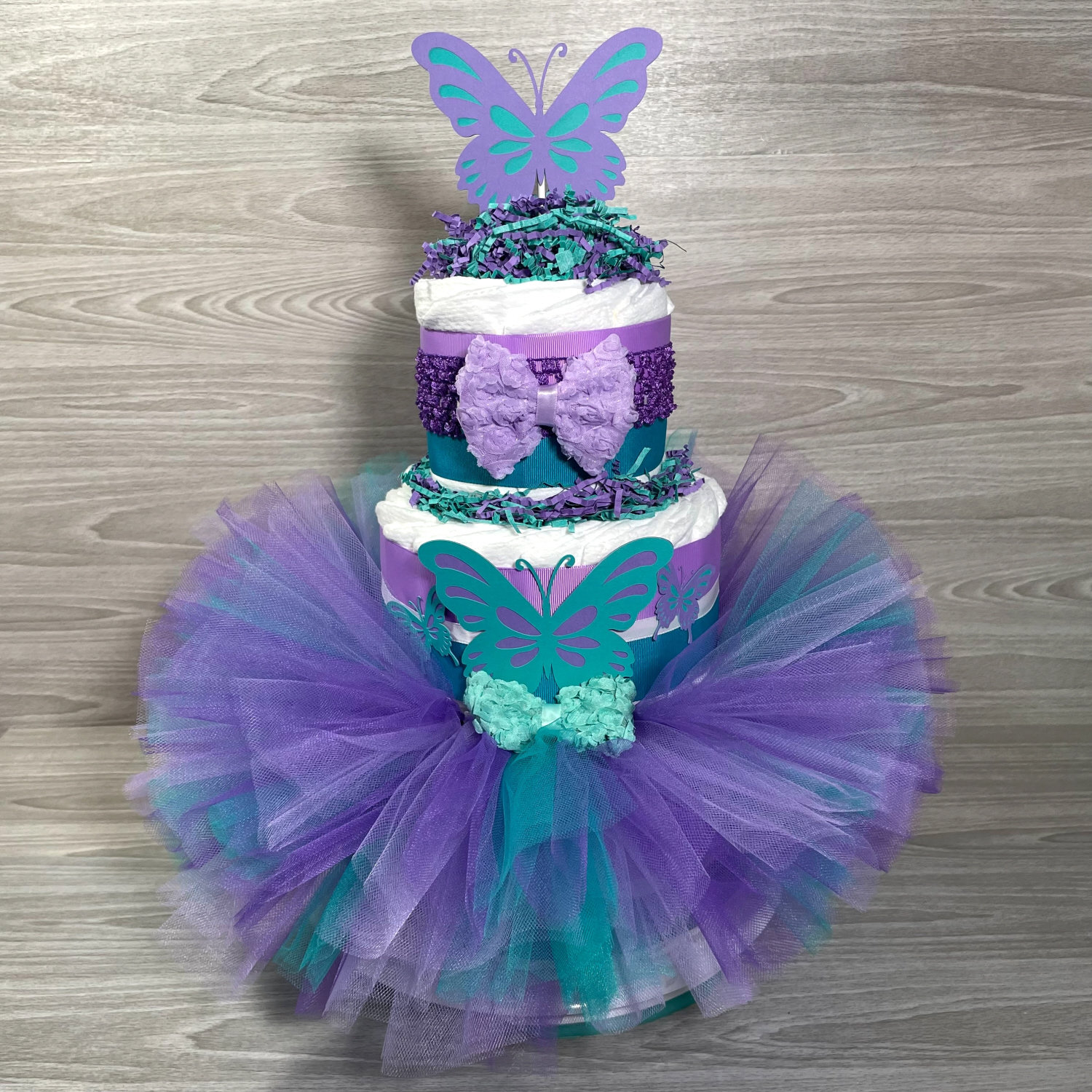 Butterfly Tutu Diaper Cake Centerpiece for Girl Baby Shower Lavender Teal