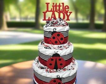 Red and Black Ladybug Diaper Cake Centerpiece for a Girl Baby Shower or Party