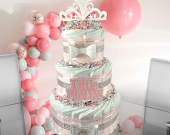 Blush Pink and Silver 3-Tier Little Princess Diaper Cake for a Girl Baby Shower