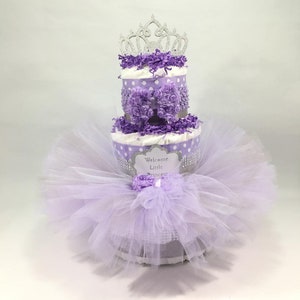 Lavender and Silver Welcome Little Princess Tutu Diaper Cake Centerpiece for Girl Baby Shower Diaper