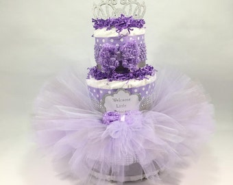 Lavender and Silver Welcome Little Princess Tutu Diaper Cake Centerpiece for Girl Baby Shower Diaper