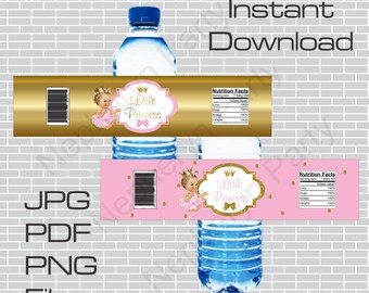 Instant Download, Printable Little Princess Water Bottle Labels, Pink and Gold, Girl with Blonde Hair