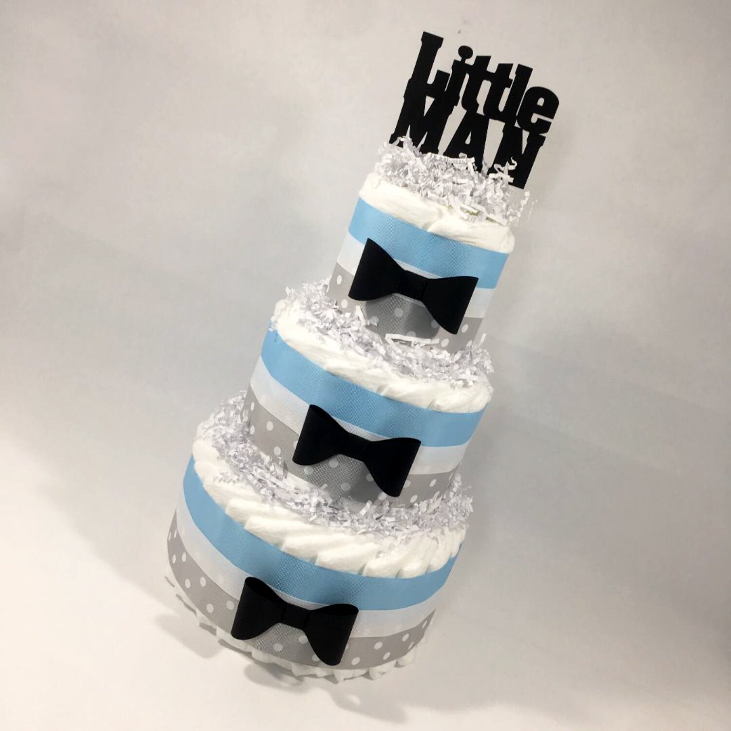 Light Blue Gray Little Man Diaper Cake Centerpiece