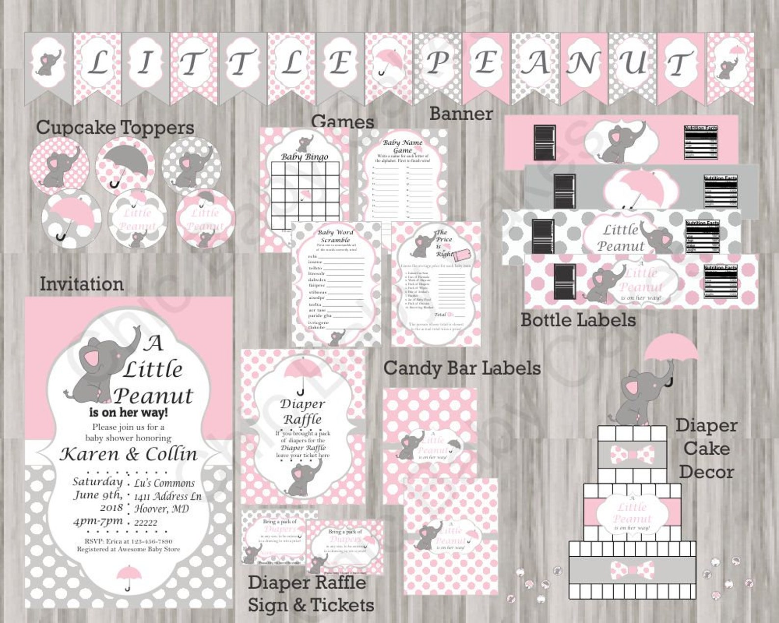 Printable Pink &amp; Gray Little Peanut Elephant Baby Shower - Etsy