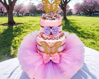 Butterfly Princess Tutu Diaper Cake Centerpiece, Pink, Lavender, Gold