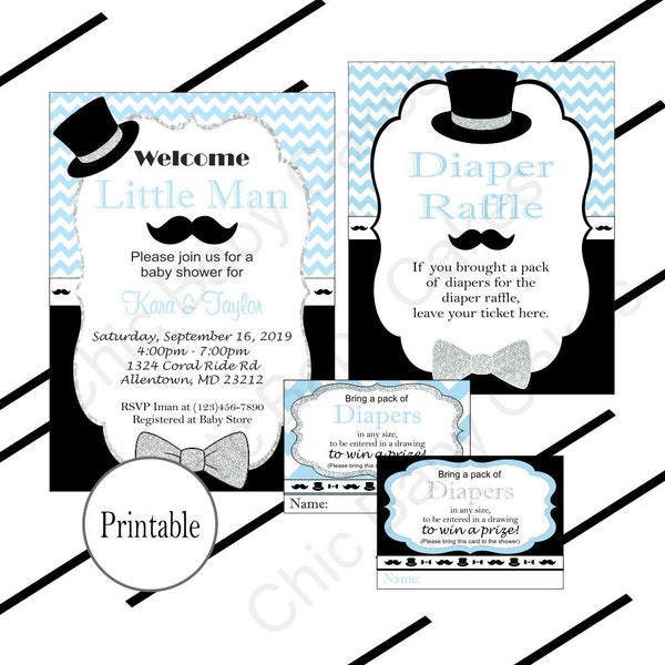 Printable Little Man Baby Shower Invitation, Diaper Raffle Tickets, & Raffle Sign Bundle, Light Blue, Black, and Silver Little Man Invite