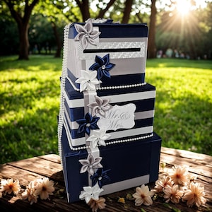 Elegante Hochzeitskartenbox in Marineblau, Silber und Weiß
