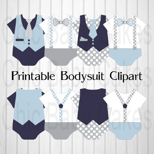 Printable Baby Blue, Navy, & Gray Boy Bodysuit Clipart, Bodysuits with Vest, Suspenders, Bow Tie, and Necktie, Little Man Cutouts