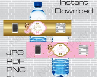 Instant Download, Printable Little Princess Water Bottle Labels, Pink and Gold, Girl with Brunette Hair