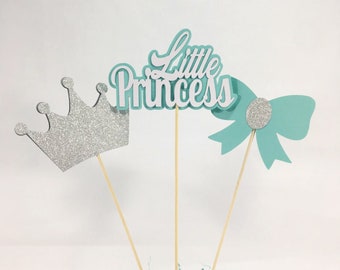 Little Princess Centerpiece Sticks and Cake Toppers with Crown and Bow, Choose Your Colors