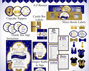 Royal Blue & Gold Printable Little Prince Baby Shower Decorations Pack, Prince Party Decorations