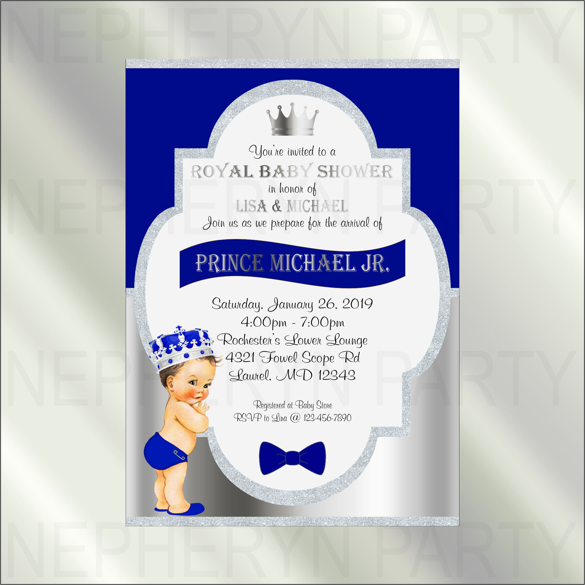 Digital Royal Blue Silver Little Prince Baby Shower Invitation