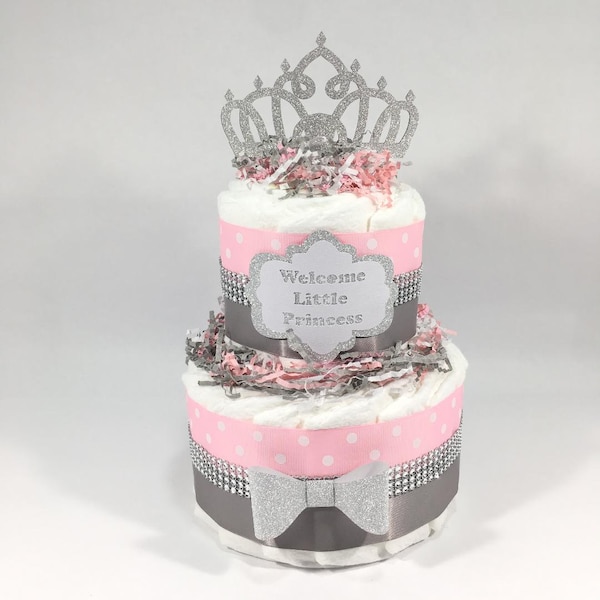 Pink and Silver 2-Tier Little Princess Diaper Cake Centerpiece