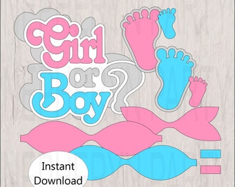 Decoraciones imprimibles para pastel de pañales con revelación de género en rosa y azul