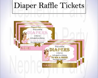 Printable Pink and Gold Little Princess Baby Shower Diaper Raffle Tickets, Baby Girl with Brunette Hair