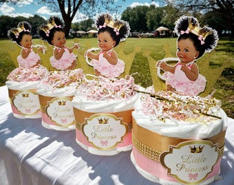 Pink & Gold Little Princess Mini Diaper Cake Centerpiece Set, Girl Baby Shower Decorations, Princess Themed Baby Shower Decorations