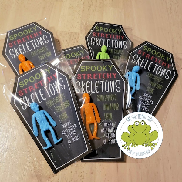 Spooky Stretchy Skeletons Halloween Printable Treat Card, Print At Home, October 31st, Classroom Celebration, Party Favor, Goody Bag